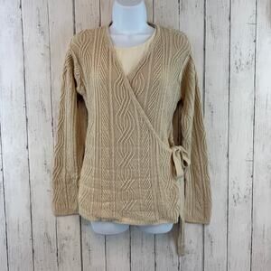 VTG Emanuel Ungaro Cream Linen Chunky Cable Knit V-Neck Wrap Sweater Size Large